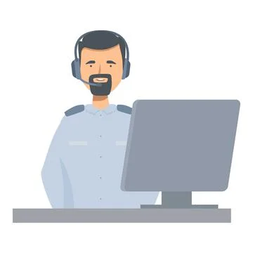 Security guard wearing headset smiling working at desk monitoring computer Stock Illustration