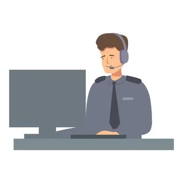 Security guard wearing headset working on computer at desk Stock Illustration