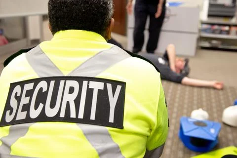 Security guards are learning how to use fire alarm panel Stock Photos