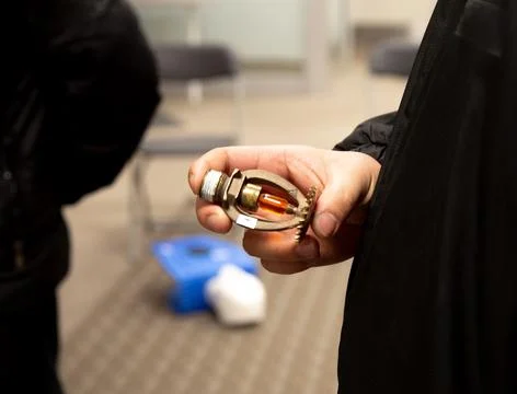 Security guards are learning how to use fire alarm panel Stock Photos
