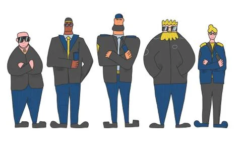 Security guards  group standing with arms crossed. Men and woman wearing in a Stock Illustration