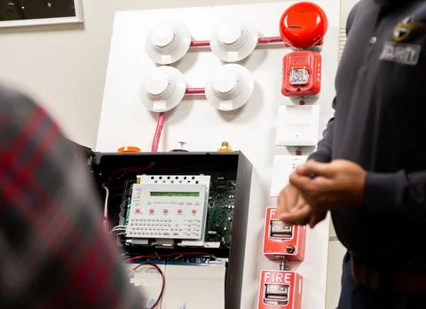 Security guards training how to use fire alarm and mock sprinkler system Stock Photos