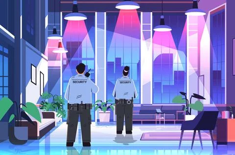 Security guards in uniform using walkie-talkie in night office public or private 스톡 일러스트