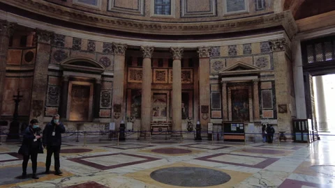 Security guards walking in the almost deserted Pantheon during Covid 19 Stock Footage 153229322