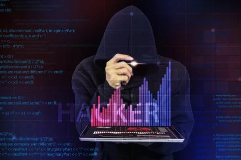 Security hackers steal data security,digital identity theft,black hood man Foto stock