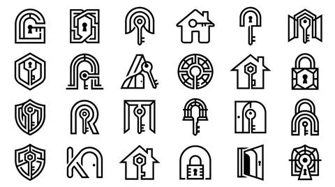 Security house lock and door key home icons for safe business. Illustrazione stock