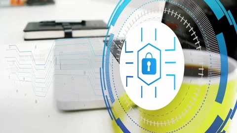 Security HUD appearing over laptop and mug, expanding rings scanning desk for Stock Footage 335317227