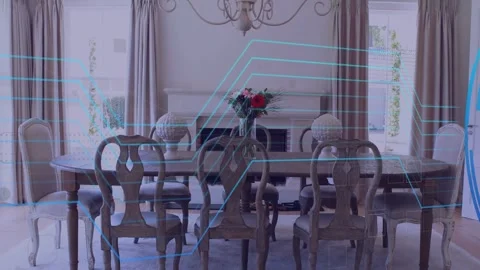 Security HUD entering right, expanding as cyan circuits scanning dining table to Stock Footage 335739753