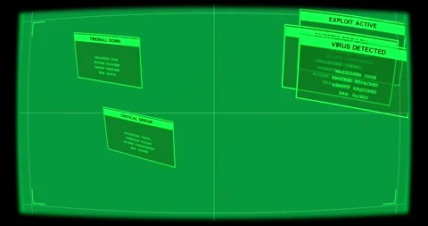 Security HUD showing breach, upper alert causing stacking rotating windows warn Video stock 327338670