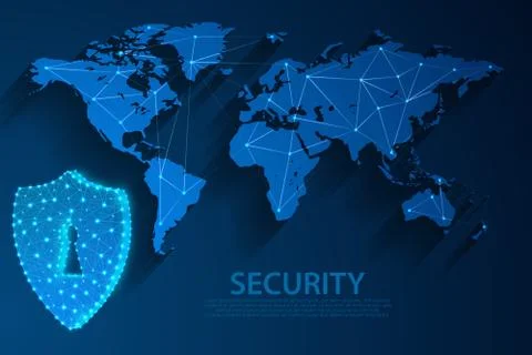 Security icon and network technology blue background with world map, vector Stock Illustration