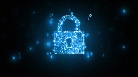 Security Icon Forming in Cyberspace. Digital Lock Blue Hologram Illustration 3d Stock Footage 309015158