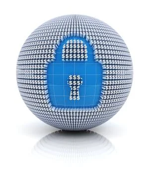 Security icon on globe formed by dollar sign, 3d render 스톡 일러스트