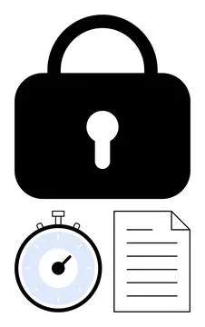 Security Icon with Lock, Timer, and Document Symbolizing Secure and Timely .. Illustrazione stock