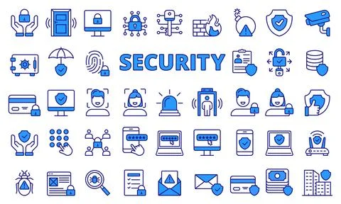 Security icon set in line design blue. Protection, Safety, Secure, Guard, Alarm 스톡 일러스트