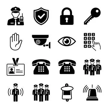 Security icons collection featuring guard, shield, lock, key, hand, camera,.. Illustrazione stock