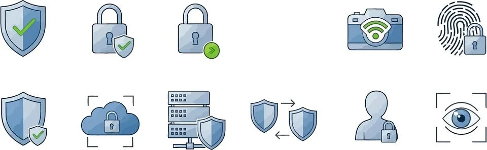 Security Icons Collection: Shield, Lock, Cloud, Fingerprint, Camera, Eye, S.. Stock Illustration