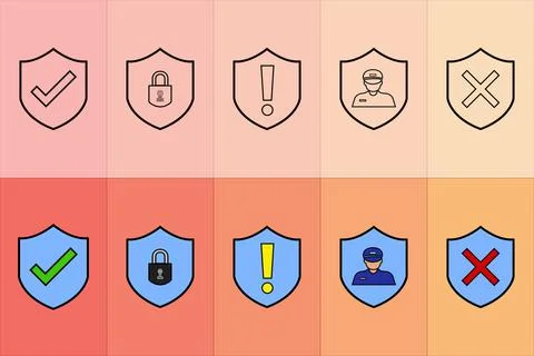 Security Icons, Green Tick, Lock, Exclamation Mark, Security Guard, Cross Icons Illustrazione stock