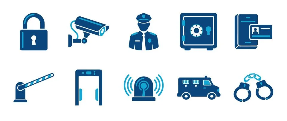 Security icons set featuring lock, camera, and police elements Illustrazione stock