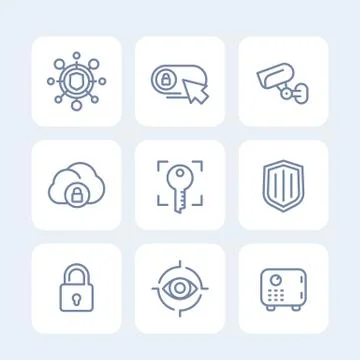 Security icons set, secure server, lock, shield, strongbox, video surveillanc Stock Illustration