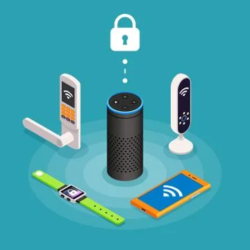 Security Internet of things isometric composition on turquoise background with Stock Illustration