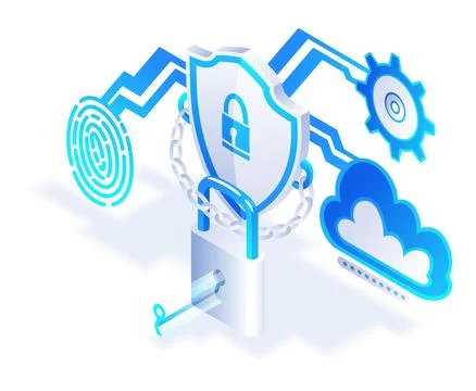 Security isometric. Shield icon, future technology for verification. Cyber Stock Illustration
