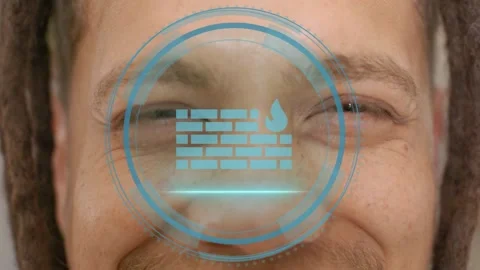 Security label appearing man squinting smiling, HUD ringing, scan moving, Stock Footage 329959795