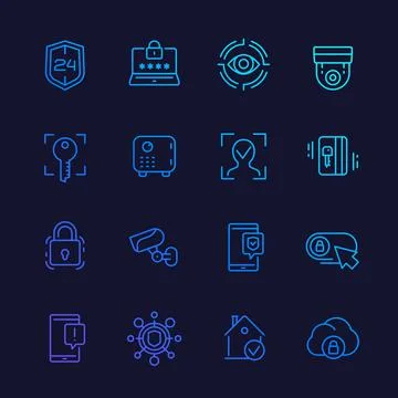 Security line icons set, biometric screening, face recognition, secure server Stock Illustration