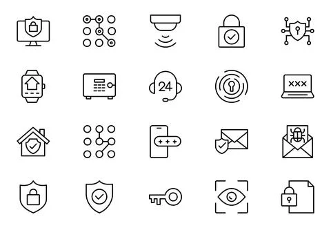 Security line icons set. Guard, cyber security, password, smart home, safet.. Stock Illustration
