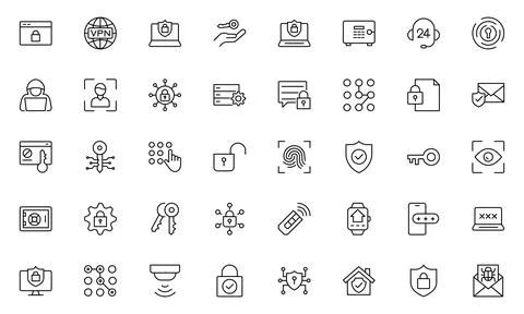 Security line icons set. Guard, cyber security, password, smart home, safet.. Stock Illustration