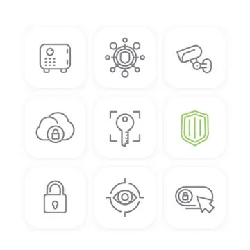 Security line icons set, secure cloud, key, lock, shield, strongbox, video su Stock Illustration