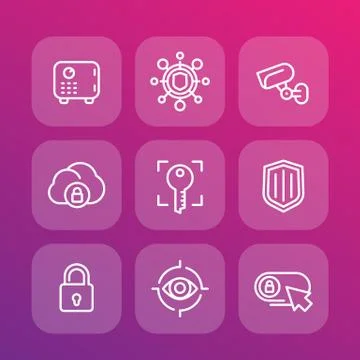 Security line icons set, secure server, lock, shield, strongbox, video survei Stock Illustration