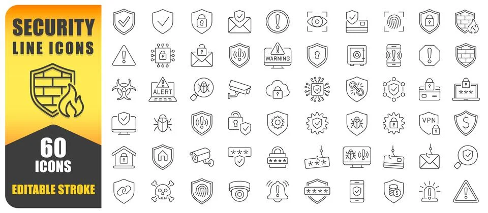 Security Line Icons Vector Set. A Collection Of 60 Thin Line Editable Icons Stock Illustration