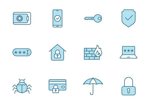 Security linear vector icons in two colors isolated on white background. Illustrazione stock