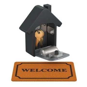 Security lock box with keys inside and welcome doormat. 3D rendering 스톡 일러스트
