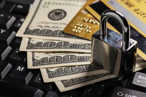 Security lock on credit cards with computer keyboard - credit card data secur 스톡 사진