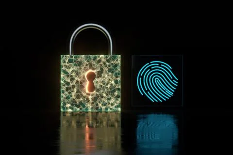Security lock with fingerprint identification, 3d rendering. Stock Illustration