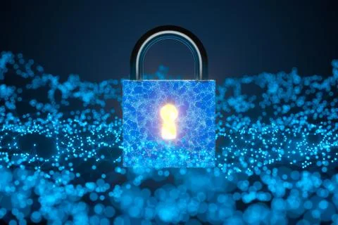Security lock with glowing sketch lines, 3d rendering. 库存插图