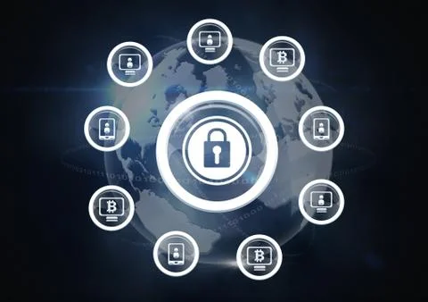 Security lock icon and device icons with world earth 스톡 사진