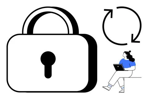 Security Lock with Reset Arrows and Person Using Laptop 120 char イラスト素材