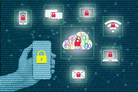 Security lock with smart phone on virtual screens and transparent, business.. Stock Photos