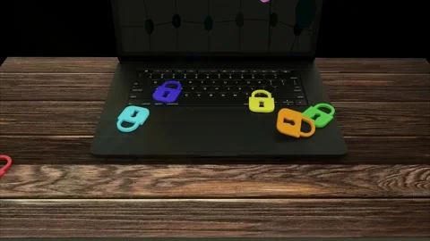 Security Locks Falling on a Laptop 4K 3D Animated Video Stock Footage 312201690