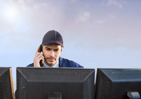 Security man on bright background computers with cloudy sky Stock Photos
