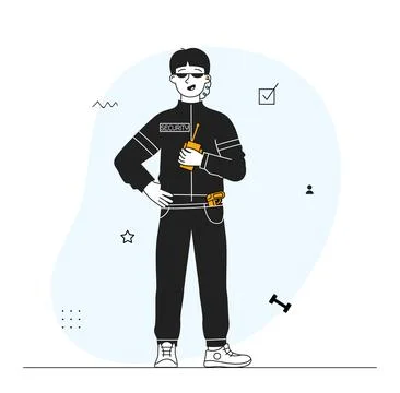 Security man concept. Young guy in sunglasses with walkie talkie and earpiece Stock Illustration