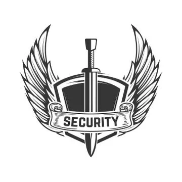 Security. Medieval sword with wings. Design element for logo, label, emblem, Stock Illustration