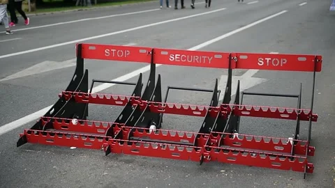 Security mobile vehicle barrier is seen on a pedestrian street 스톡 동영상 196115632