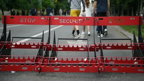 Security mobile vehicle barrier is seen on a pedestrian street 스톡 동영상 196115635