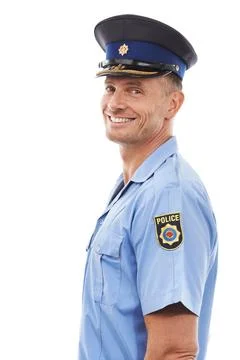 Security, officer and portrait of police with smile on white background for Stock Photos