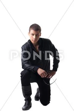 Security officer in black leather jacket isolated Stock Photos