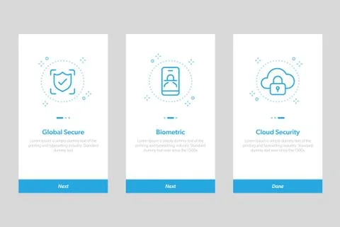 Security onboarding app screens UI. walkthrough template for mobile apps. Stock Illustration
