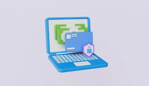 Security in online transactions with laptop floating elements, banknotes Stock Illustration
